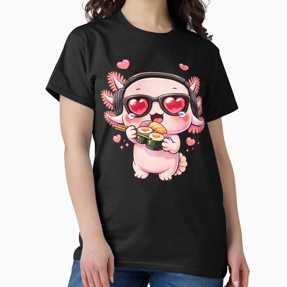 Sushi Love Axolotl – Cute Kawaii Axolotl Eating Sushi Chibi Anime Food Design by ColorSplash123 T-Shirts,... (Image 2)