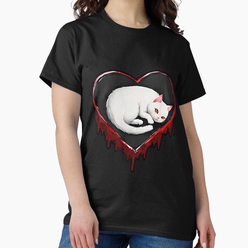 Gothic White Cat in Bleeding Heart Sticker, T-Shirt & Art Print | Dark Kawaii Design (Image 2)