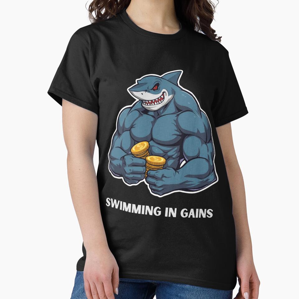 Swimming in Gains Shark Crypto Gym Meme Shirt by LintonGriffin