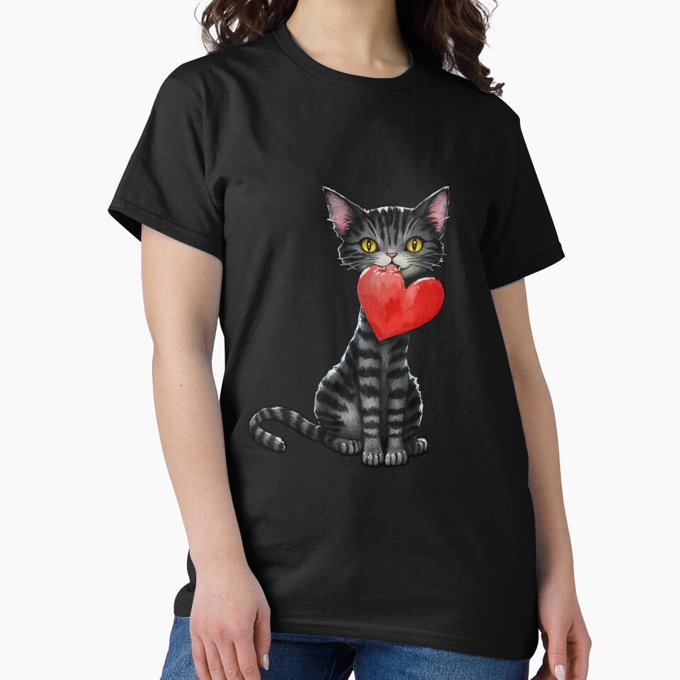 Gothic Cat Holding a Heart Sticker, T-Shirt & Art Print | Dark Kawaii Design (Image 2)