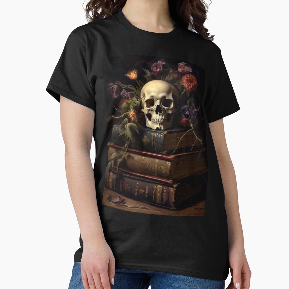 Dark Academia Skull Books Painting, Dark Cottagecore Gothic Still Life Painting by Kink Collective T-Shirts,... (Image 2)