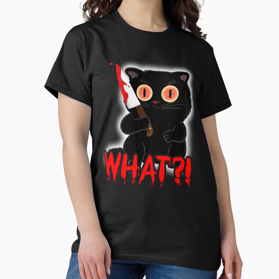 cat what black cat scary halloween cat with bloody knife morderous funny kitten by teeartforyou T-Shirts,... (Image 2)