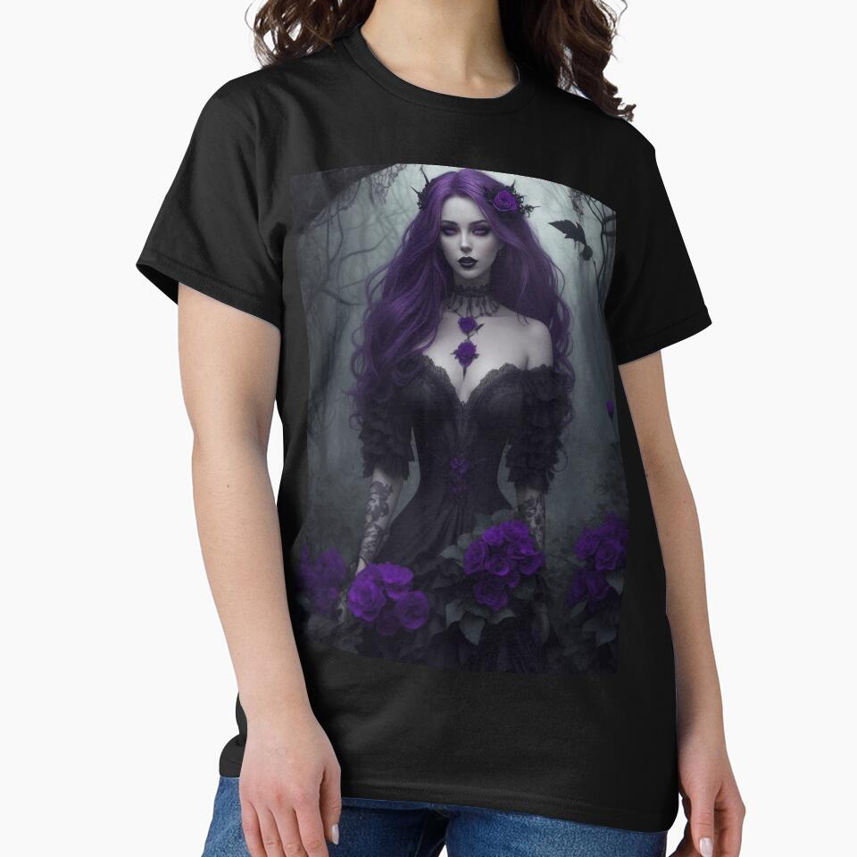 A deep purple haired gothic seductress surrounded by purple roses in a dark scene by Good Candy T-Shirts,... (Image 2)