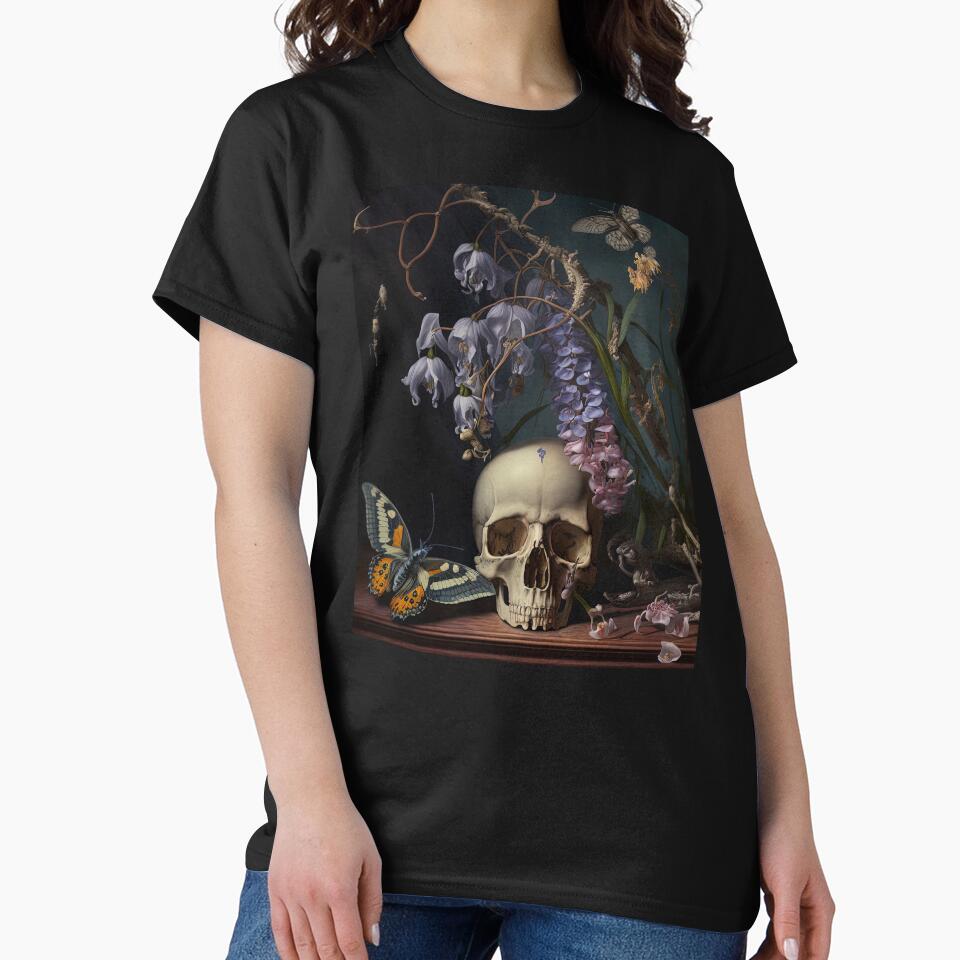 Dark Academia Skull Flowers Painting, Dark Cottagecore Gothic Still Life Painting by Kink Collective T-Shirts,... (Image 2)
