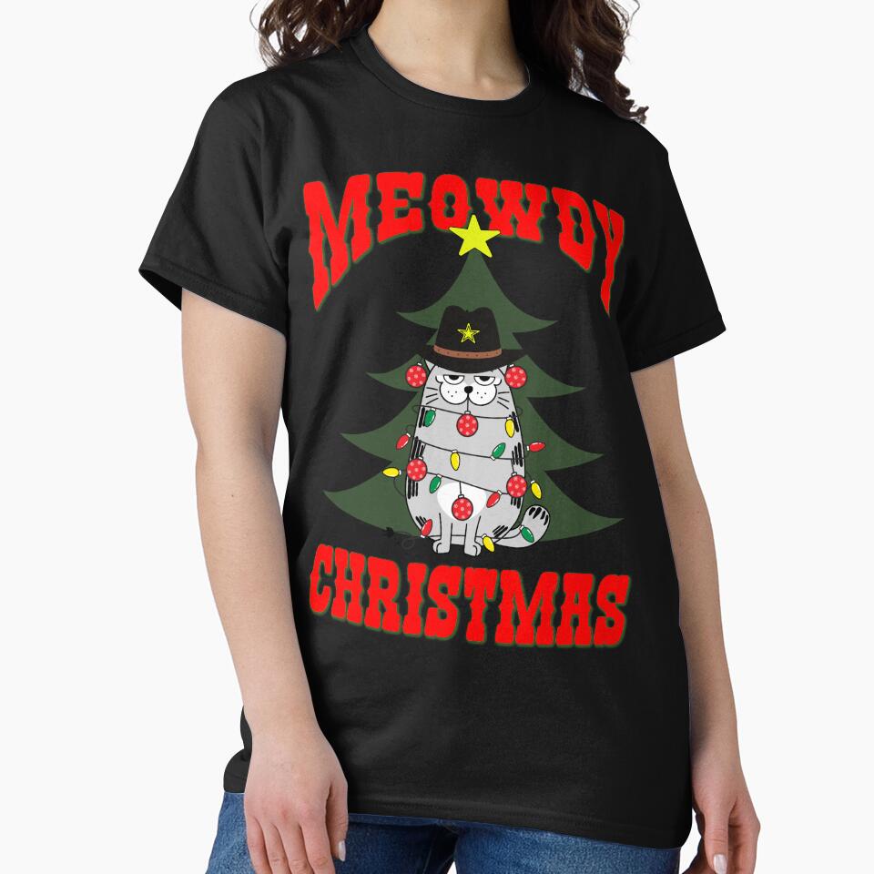 Meowdy Christmas, Festive cat with Christmas lights and ornaments by Blended Designs ⭐⭐⭐⭐⭐ T-Shirts, Hoodie,... (Image 2)