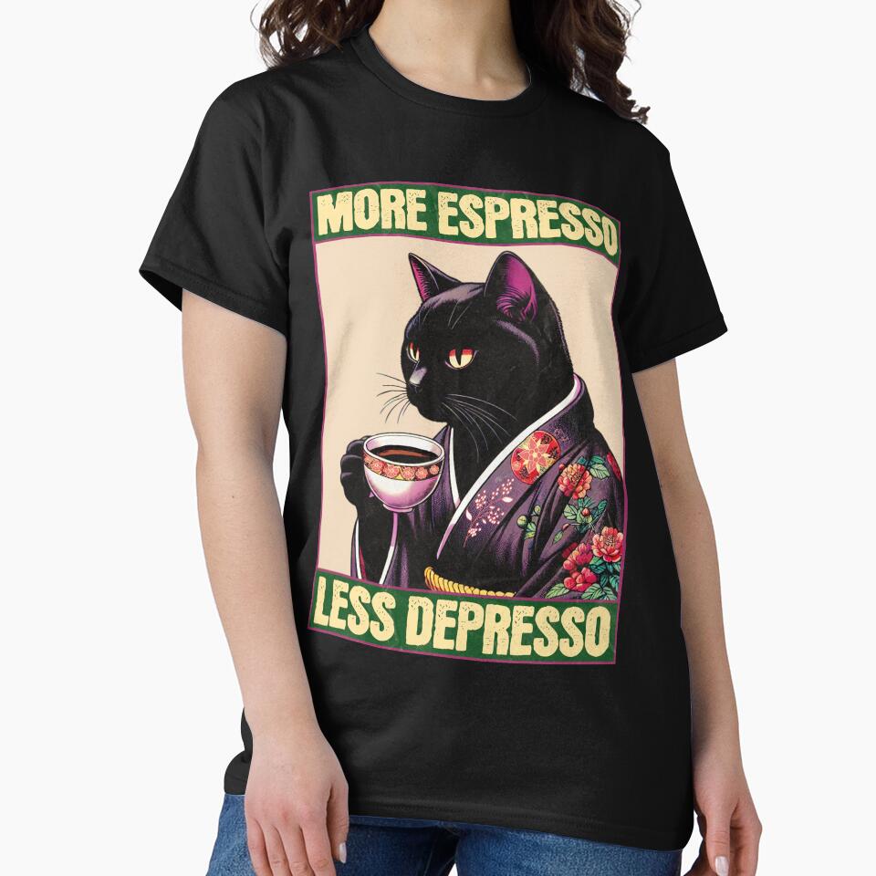 More Espresso Less Depresso Meme - Funny Coffee Cat Vintage Poster by InkyGenies