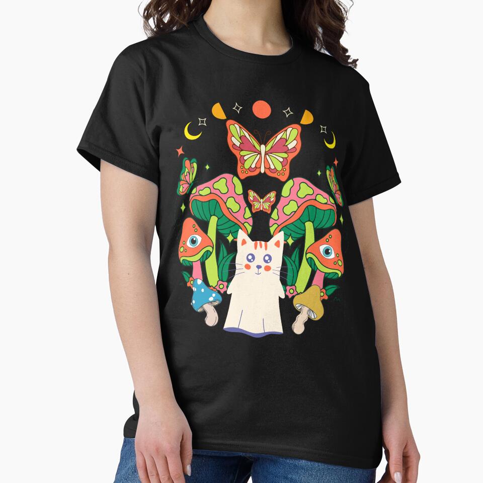Kids Cottagecore Aesthetic Halloween Spirit Cat with Mushrooms - Moon Phases by LittleZea T-Shirts, Hoodie,... (Image 2)