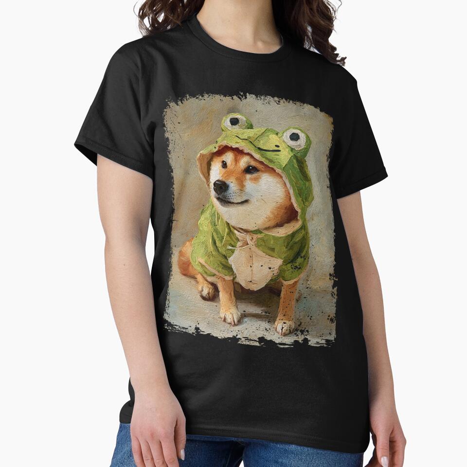 Shiba Inu in Frog Costume – Whimsical Textured Dog Art for Cute Streetwear T-Shirt Collectors and Pet Lovers by... (Image 2)