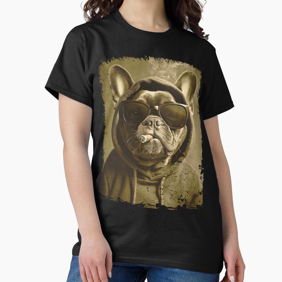 French Bulldog in Hoodie with Sunglasses and Cigar – Vintage Streetwear Dog T-Shirt for Bold Pet Lovers by... (Image 2)