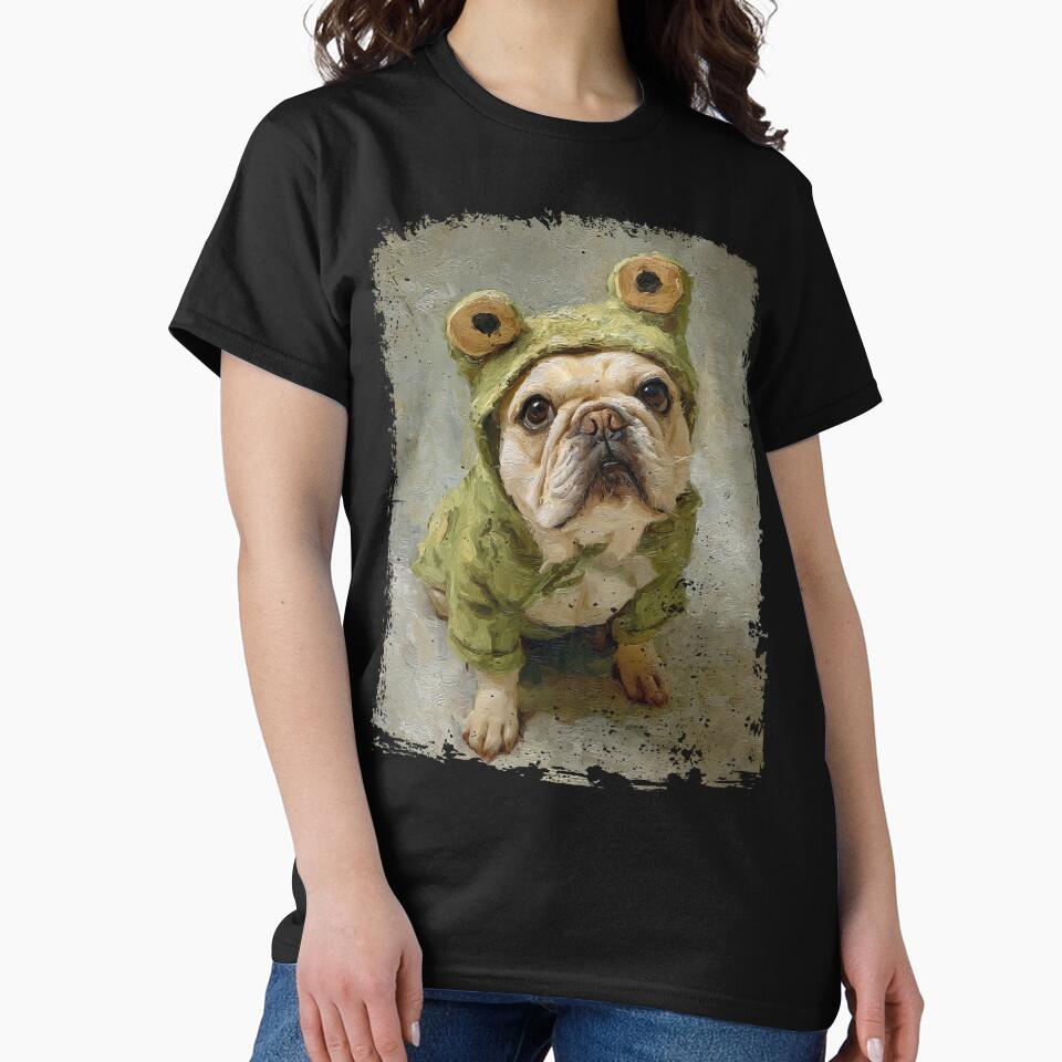 Bulldog in Frog Costume – Whimsical Textured Dog Art for Playful Streetwear T-Shirt Collectors and Pet Lovers... (Image 2)