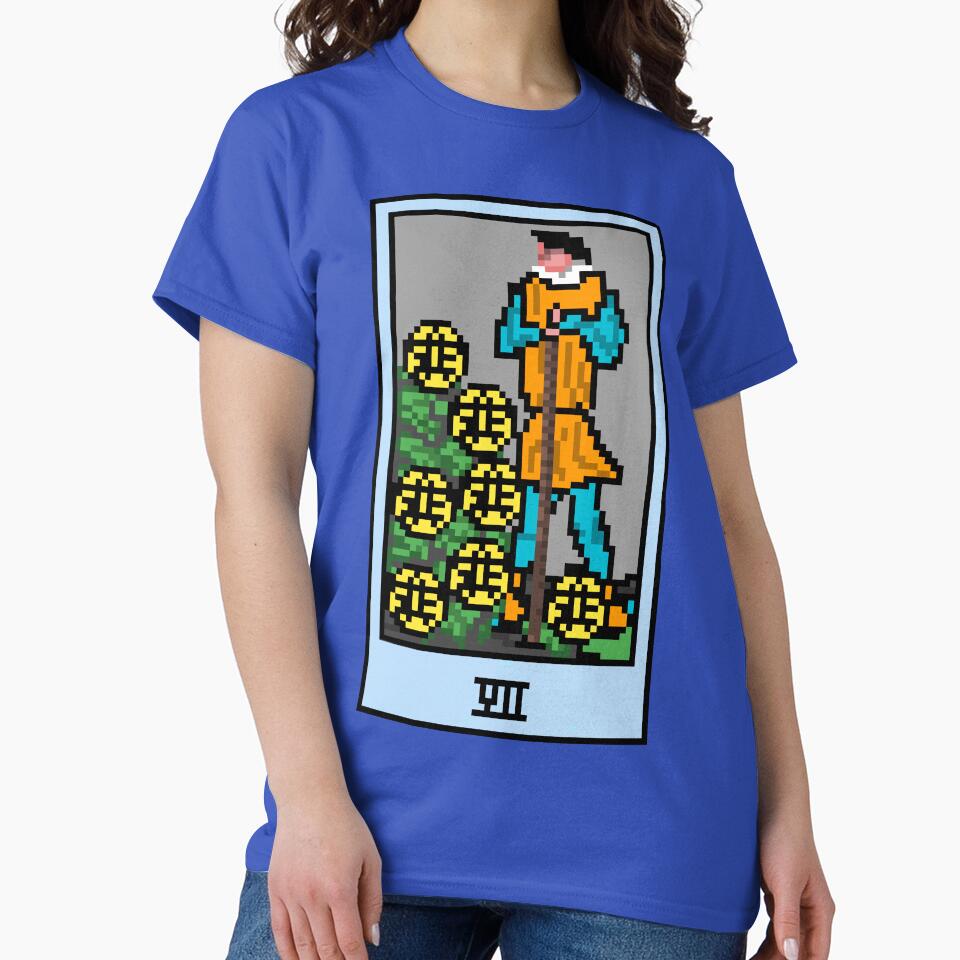Wait, is this pixel art tarot? Blue - Minor Arcana 'Seven of Pentacles' (Design for T-shirt, stickers and other... (Image 2)