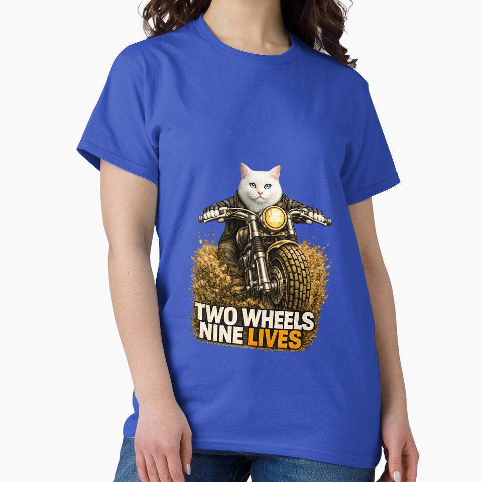 White Cat Motorcycle Art – Two Wheels Nine Lives Biker Cat Print Design by PixelsPaws