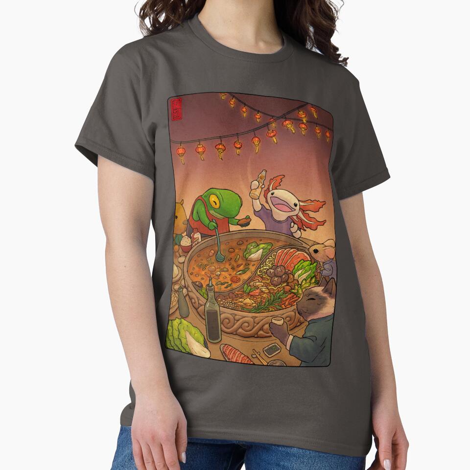Asian Hotpot Night with Cute Frog, Axolotl, Cat, Mouse, and Capybara by DingHuArt T-Shirts, Hoodie, Sweatshirt (Image 2)