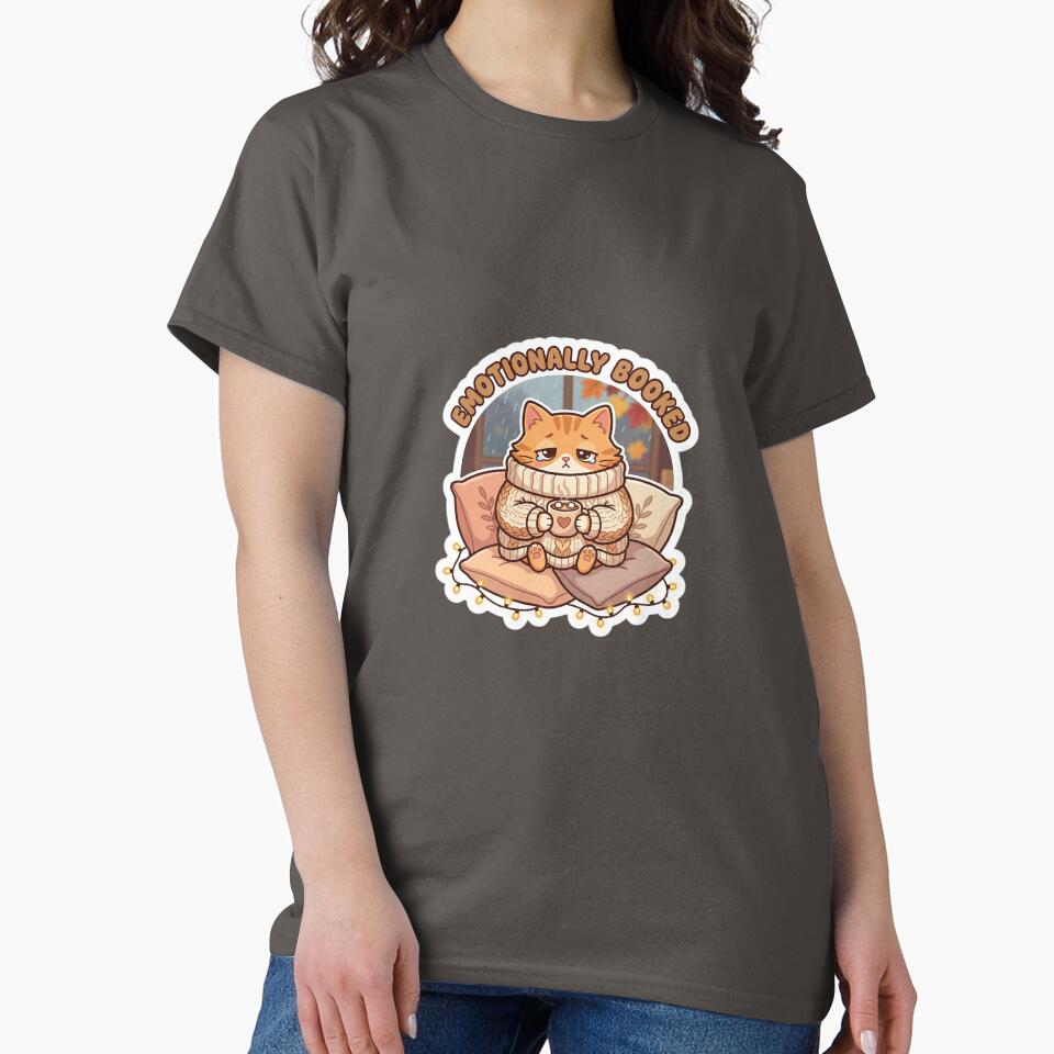 Emotionally Booked Cozy Cat – Autumn Introvert Aesthetic T-Shirt by Cozy Cat Collective