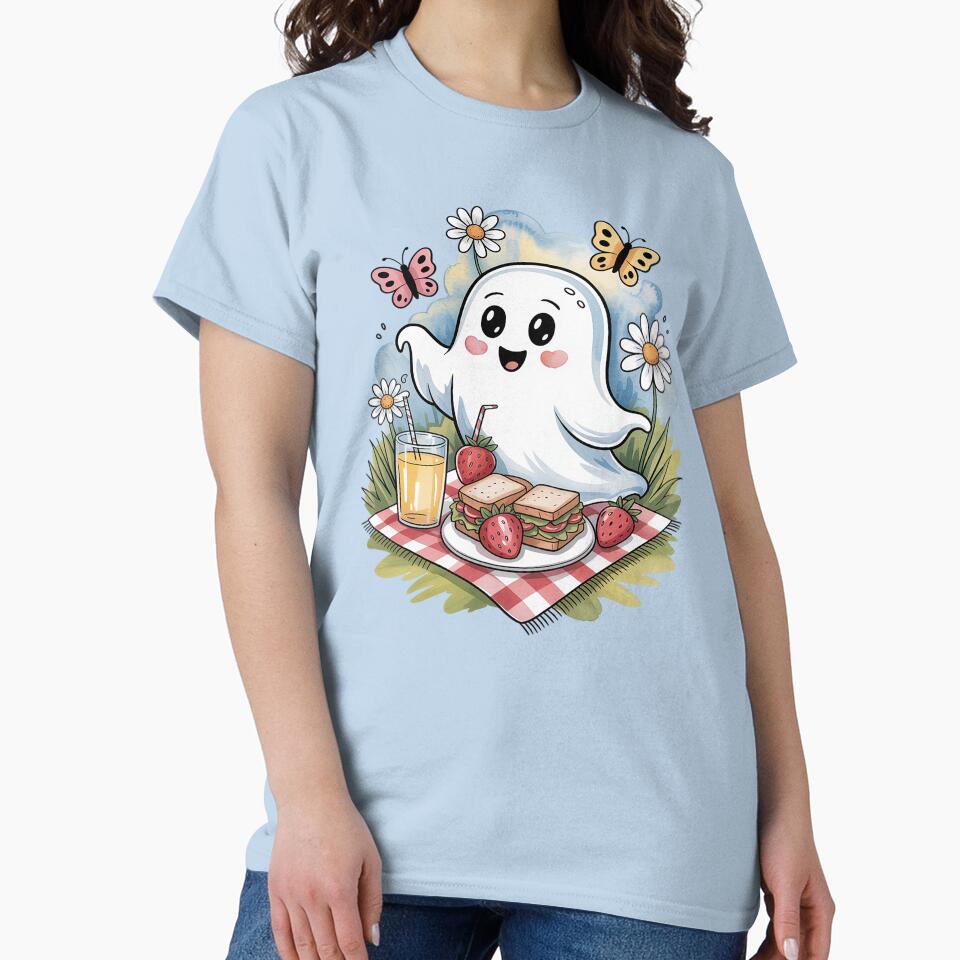 Butterflies and Flowers: Whimsical Picnic Ghost Shirt Summer Watercolor Tattoo Tee, Whimsical Cottagecore... (Image 2)