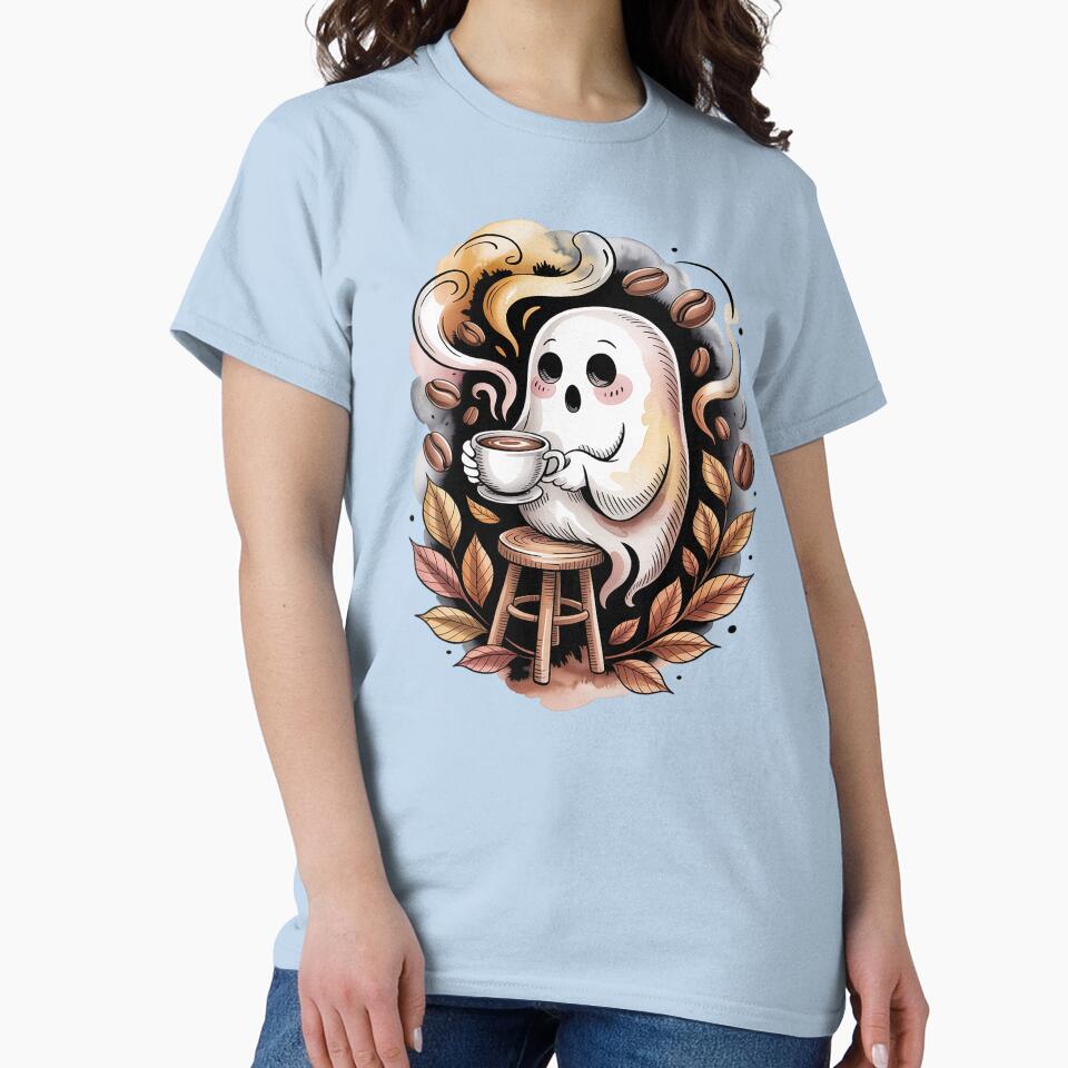 Caffeine Break: Coffee Break Ghost Shirt Cozy Watercolor Tattoo Tee, Caffeine Lover Aesthetic Top Unisex Tee,... (Image 2)