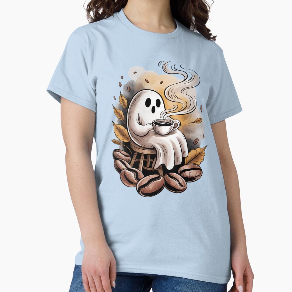 Cozy Coffee Break Ghost Shirt Cozy Watercolor Tattoo Tee, Caffeine Lover Aesthetic TopUnisex Tee, Sweatshirt... (Image 2)