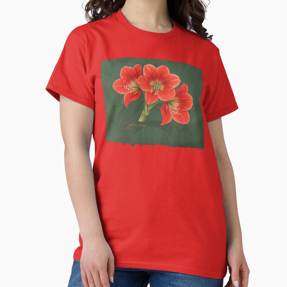 Hippeastrum | Botanical Illustration with Script on Green Textured Background by ChristinePartlow T-Shirts,... (Image 2)