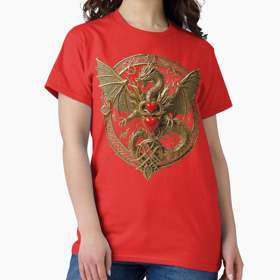 Golden Dragon with Red Hearts Print, Gothic Romance wall Art, Fantasy Couple Design, Viking home Decor by... (Image 2)