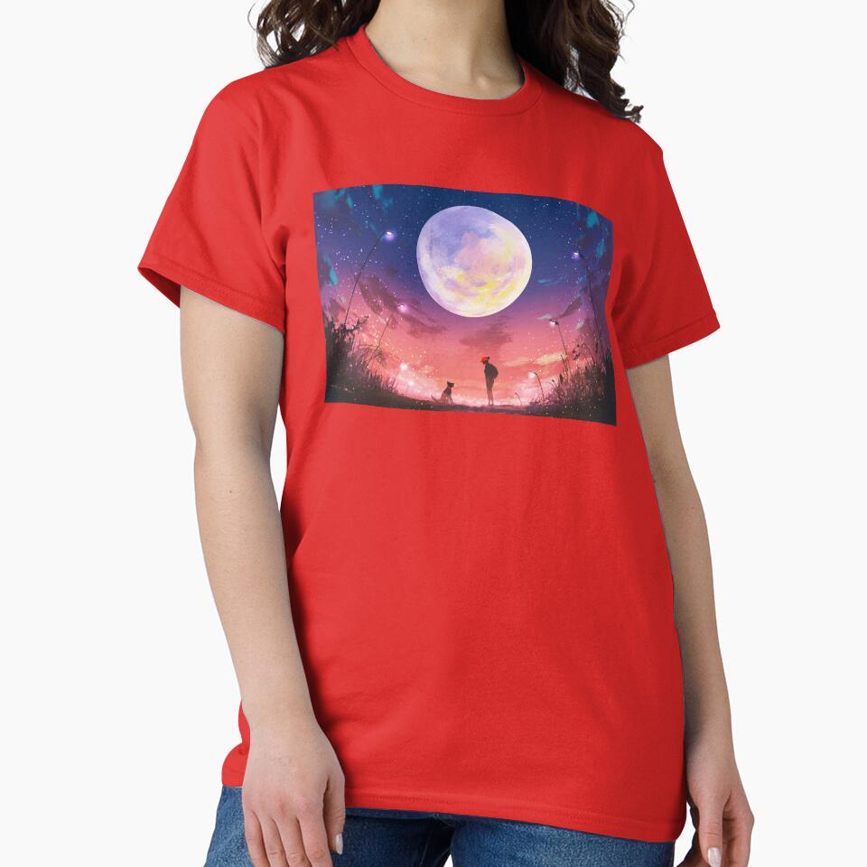 Girl Dog Night Huge Moon Above T-Shirts, Hoodie, Sweatshirt