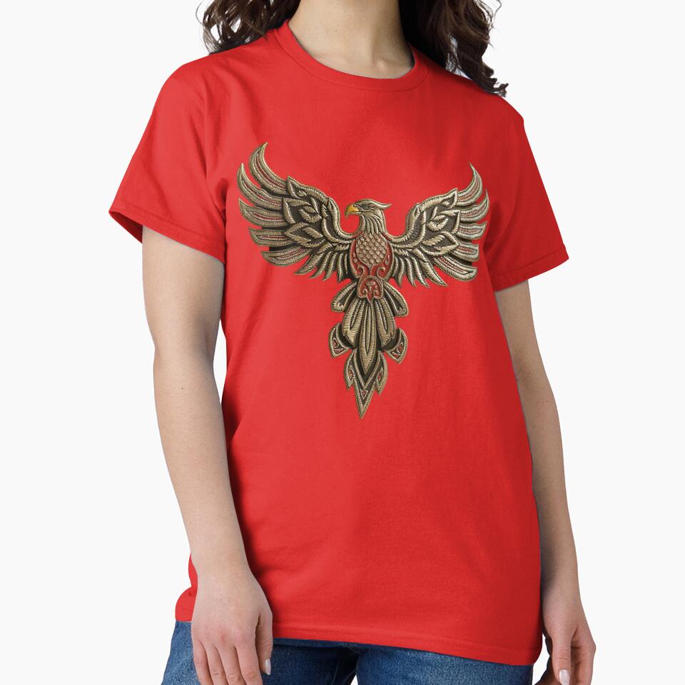 Golden Phoenix Eagle with Red Embroidery Pattern for Apparel and Accessories by TheGaliyaStudio T-Shirts,... (Image 2)