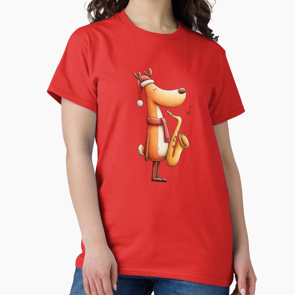 Christmas Reindeer Sax Player — Cute Holiday Jazz Illustration by VikArt7 T-Shirts, Hoodie, Sweatshirt (Image 2)