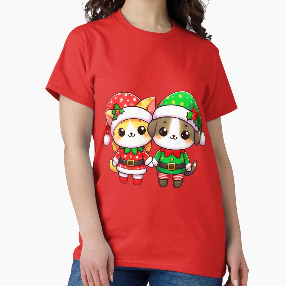 Cute Christmas Kitten and Puppy Elves – Festive Holiday Illustration by DailyWeird T-Shirts, Hoodie, Sweatshirt (Image 2)