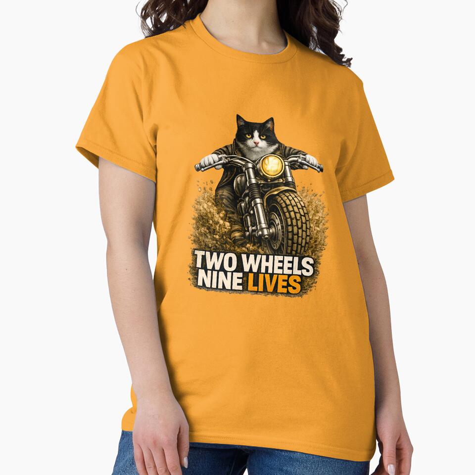 Tuxedo Cat Motorcycle Art – Two Wheels Nine Lives Biker Cat Print Design by PixelsPaws