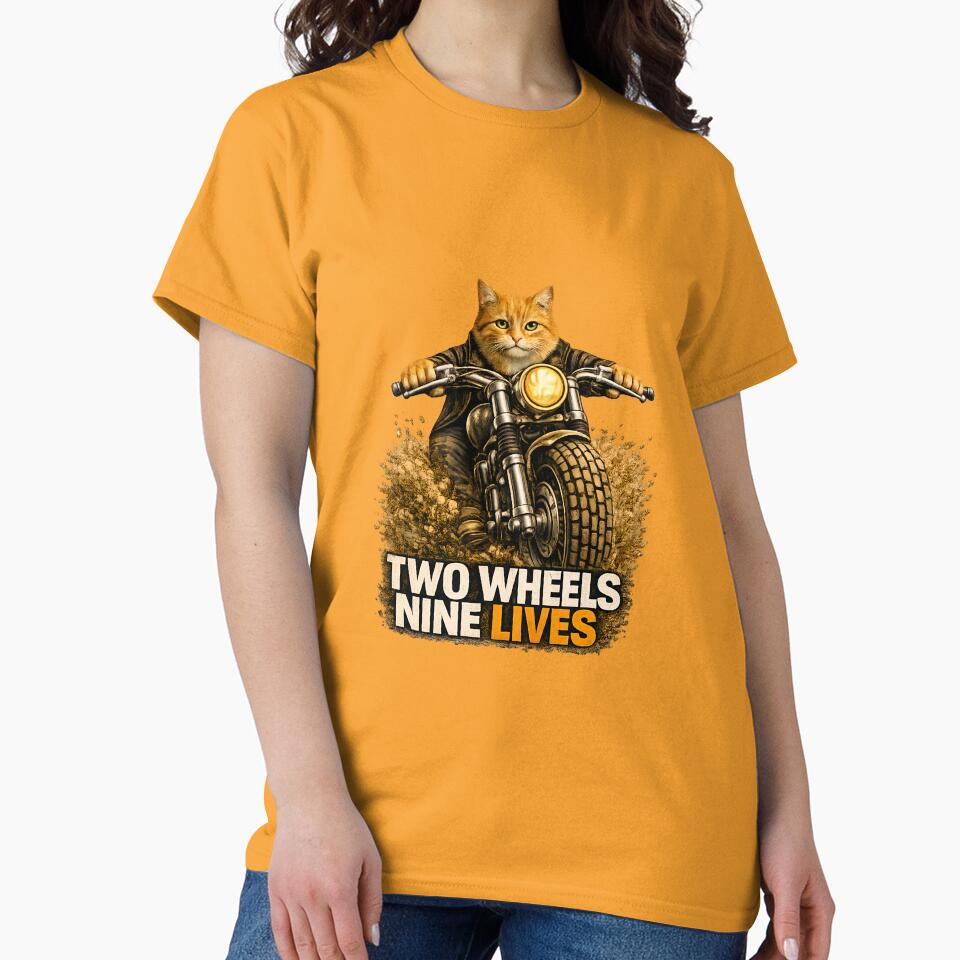 Orange Cat Motorcycle Art – Two Wheels Nine Lives Biker Print Design by PixelsPaws
