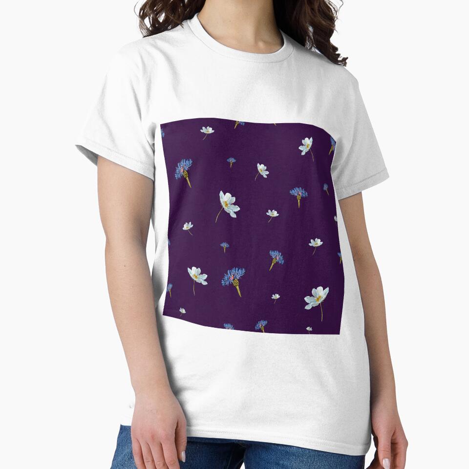 Flower blue daisy pattern seamless a watercolor violet by Yana Mustafina | Boho Soulful Designs T-Shirts,... (Image 2)