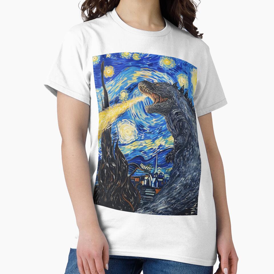 Vincent Van Gojira, Vincent Van Goghzilla, Godzilla Destroying The Starry Night by PrintShangri-La T-Shirts,... (Image 2)