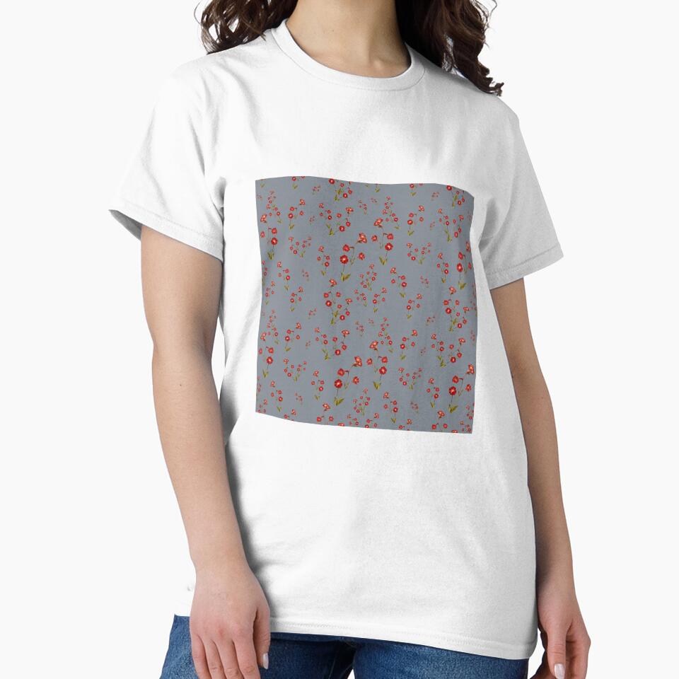 Flower red grey pattern a cute watercolor illustration by Yana Mustafina | Boho Soulful Designs T-Shirts,... (Image 2)