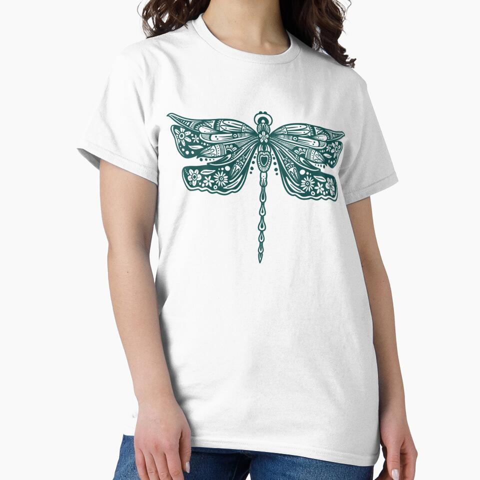 Dark Green Floral Dragonfly Design on light blue by Giulia  Palazzo T-Shirts, Hoodie, Sweatshirt | BlankRebels.com (Image 2)