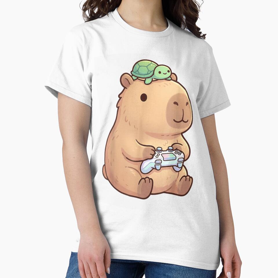 Cute Kawaii Capybara Gamer With Baby Turtle Controller Video Game Art by Phil Ben T-Shirts, Hoodie, Sweatshirt (Image 2)