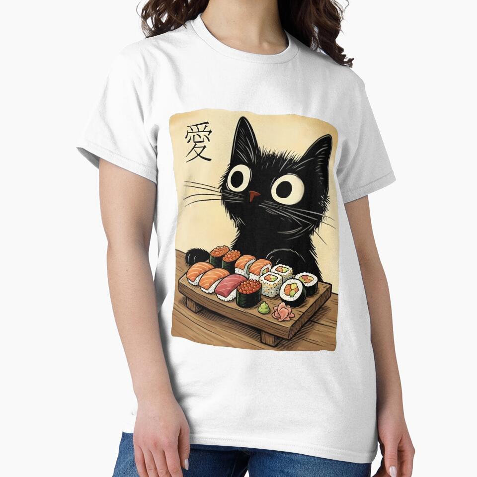Cute Cat Eating Sushi - “Love” (愛) Japanese-Inspired Cat Illustration by Fluidic-Space T-Shirts, Hoodie, Sweatshirt (Image 2)