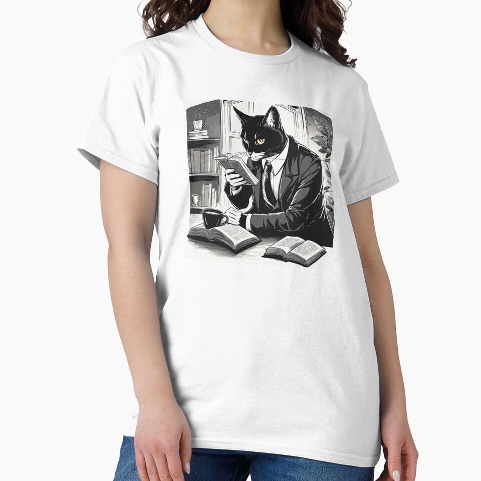 Detective cat in a black suit sipping coffee while reading a book by othmanebhl T-Shirts, Hoodie, Sweatshirt (Image 2)