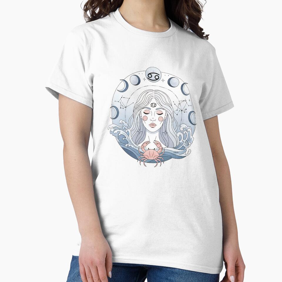 Cancer Zodiac Art – Moon Phases Astrology Illustration with Mystic Female Portrait by Timegraf T-Shirts,... (Image 2)