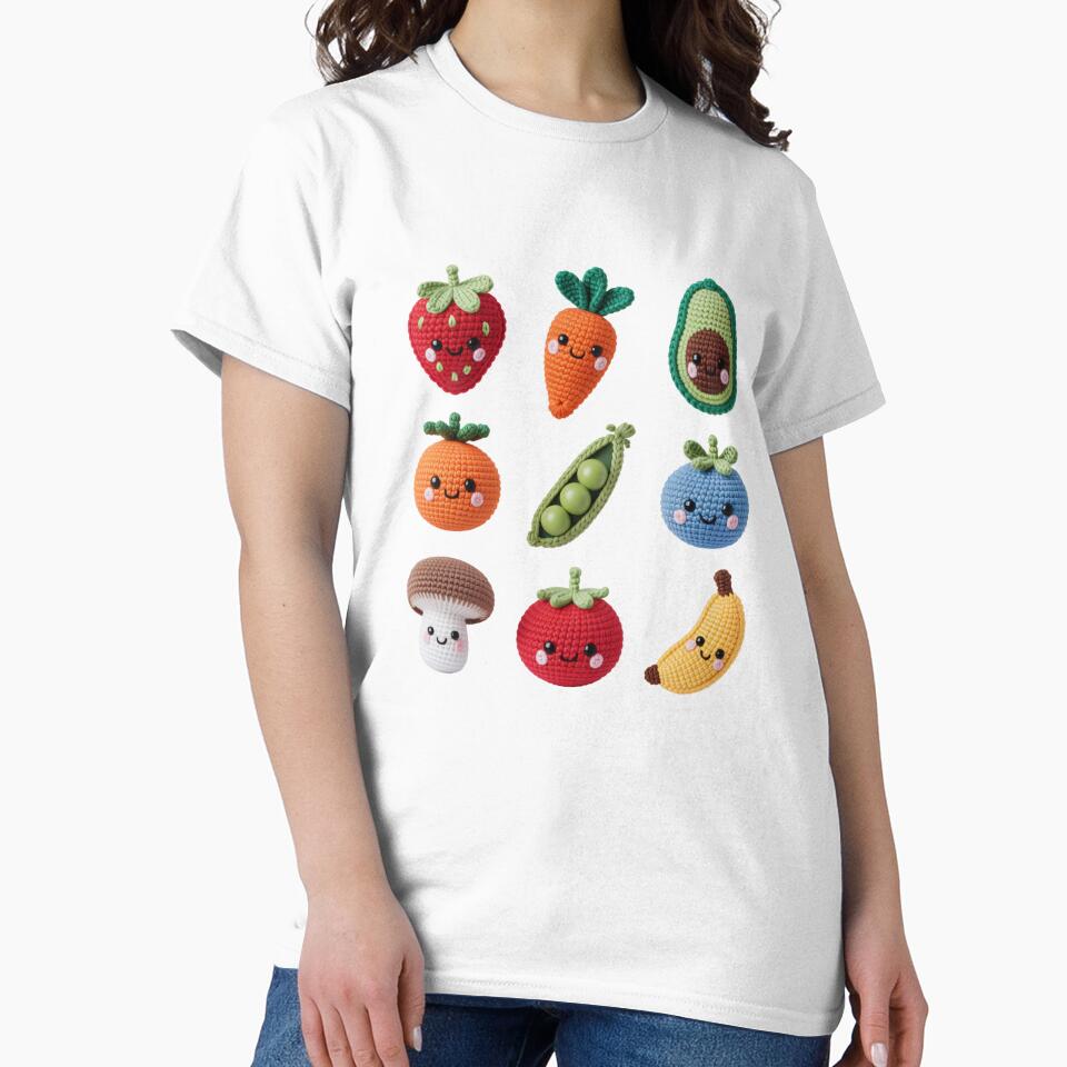 Kawaii Crochet Fruits Vegetables Grid T-Shirts, Hoodie, Sweatshirt