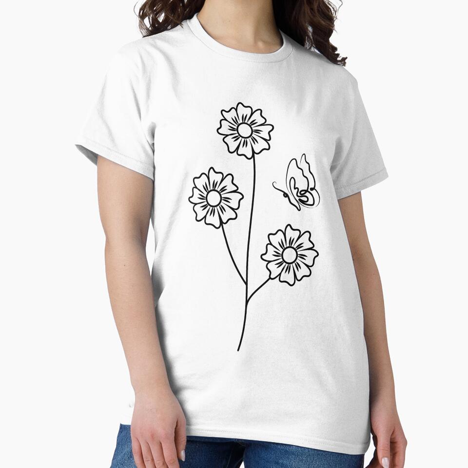 Flowers and a butterfly | One Line Drawing | One Line Art | Minimal | Minimalist by One-Line-Artist T-Shirts,... (Image 2)