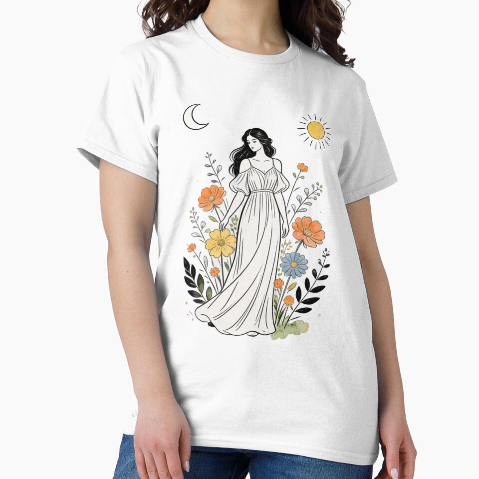 Boho Woman Floral Illustration – Sun and Moon Cottagecore Art by truongloc246 T-Shirts, Hoodie, Sweatshirt (Image 2)