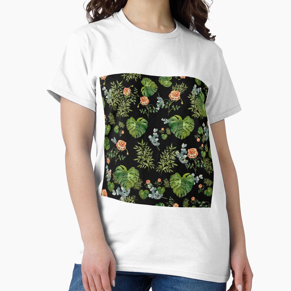 Rose flower palm leaf branch pattern watercolor black by Yana Mustafina | Boho Soulful Designs