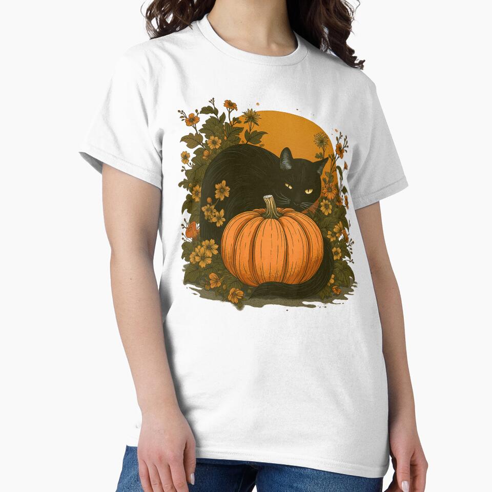 Black Cat and Pumpkin Lurking in the Grass of Hagi (Japanese Bush Clover) - Halloween T-shirt, tee, t-shirt, hoodie, sweatshirt, long sleeve by Inklivion