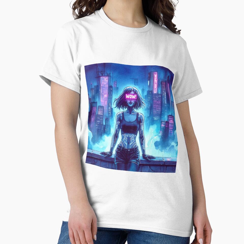 Cyberpunk Neon Girl on Skyscraper Roof "WOW!" by RESToRAPTOR T-Shirts, Hoodie, Sweatshirt | BlankRebels.com (Image 2)