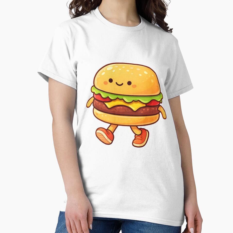 Cute Walking Burger Character – Colorful Cartoon Food Mascot Minimal T-Shirt Design by TTStudio