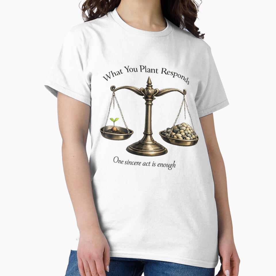 What You Plant Responds – Minimal Scale & Seed Symbolic Design by RAHMALIGHT T-Shirts, Hoodie, Sweatshirt (Image 2)