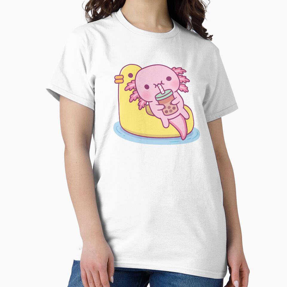 Cute Axolotl Chilling On Duck Pool Float Drinking Bubble Tea by rustydoodle T-Shirts, Hoodie, Sweatshirt (Image 2)