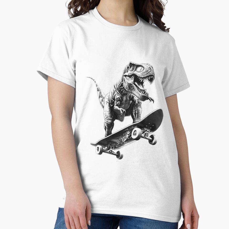 Skateboarding T-Rex Illustration | Black and White Dino Skate Art by inkoutninja T-Shirts, Hoodie, Sweatshirt (Image 2)