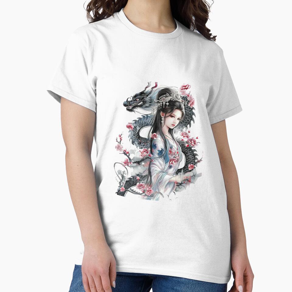 Beautiful Japanese Woman And Dragon. Tattoo Style Art by Lucy Goosy Art T-Shirts, Hoodie, Sweatshirt (Image 2)