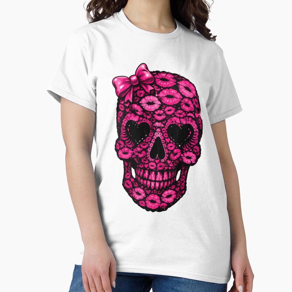 Pink Kiss Skull with Bow – Cute Goth Lips Skull Aesthetic – Girly Sugar Skull – Emo Valentine Gothic Design by TheTrendsDesk