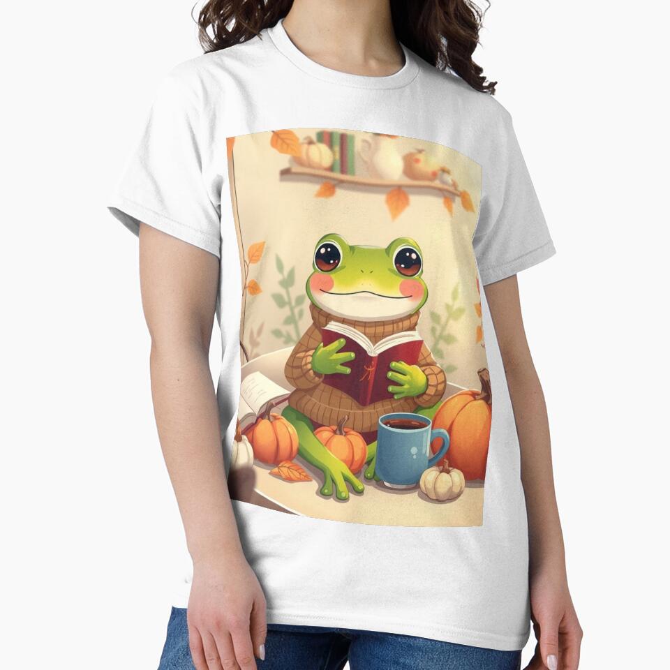 Cute Frog Book Lover T-Shirt | Cozy Autumn Reading Frog | Soft Fall Aesthetic Tee by ArmaanArts Hoodie, Sweatshirt (Image 2)
